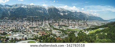Innsbruck as seen from Bergiselschanze ski jumping hill tower finished in 2003 and designed by the British Iraqi architect Zaha Hadid in Bergisel, Austria.