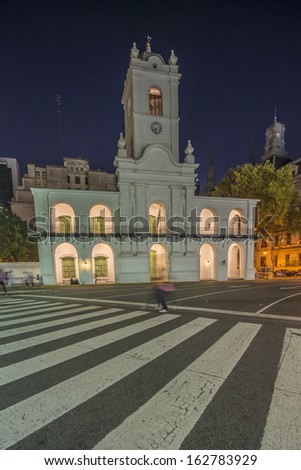 Cabildo building facade at night as seen from Plaza de Mayo in Buenos Aires, Argentina