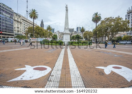 BUENOS AIRES, ARGENTINA - APR 10: The Piramide de Mayo (May Pyramid), on Plaza de Mayo square, the oldest national monument in the city on Apr 10, 2013 in Buenos Aires, Argentina.