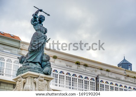 Monument to Maria Mayor Fernandez de Camara y Pita, known as Maria Pita, was a Galician heroine of the defense of A Coruna in 1589 against the English Armada in Galicia, Spain.