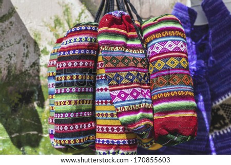 Crafts in Humahuaca, located north of Tilcara and Purmamarca, in the colourful valley of Quebrada de Humahuaca in Jujuy Province, northern Argentina.