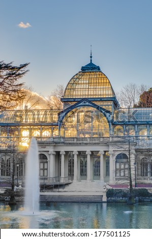 The Crystal Palace (Palacio de Cristal), a glass and metal structure built by Ricardo Velazquez Bosco in 1887 to exhibit flora and fauna from the Philippines on Buen Retiro Park in Madrid, Spain.