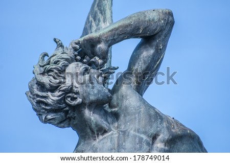 The Fountain of the Fallen Angel (Fuente del Angel Caido) or Monument of the Fallen Angel, a highlight of the Buen Retiro Park in Madrid, Spain.