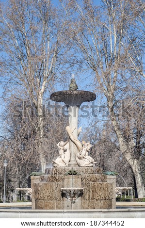 Galapagos Fountain, a highlight of the Buen Retiro Park in Madrid, Spain.