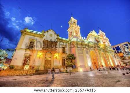 SALTA, ARGENTINA - MARCH 03, 2013: The Cathedral Basilica and Sanctuary of the Lord and the Virgin of the Miracle in Salta, Argentina.