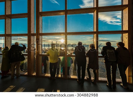 NORTH CAPE, NORWAY - JUNE 30, 2014: People inside the Visitor Center, on the northern coast of the island of Mageroya in Finnmark, Northern Norway.