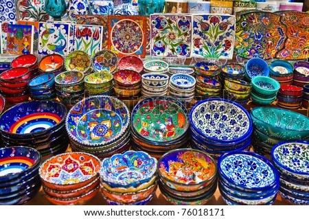 Colorful ceramics for sale on the Spice Bazaar at Istanbul
