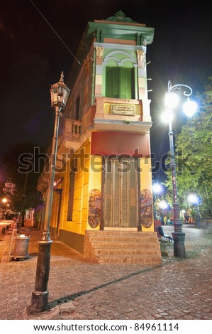 Colorful houses at night on Caminito street in La Boca, Buenos Aires