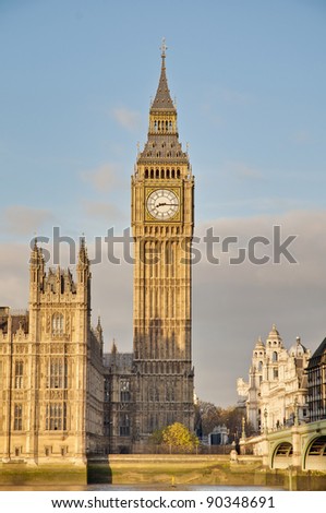 Big Ben tower clock on Houses of Parliament building at London, England
