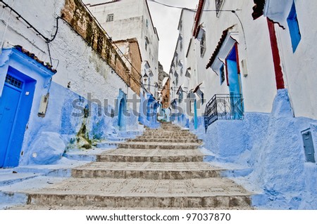 Blue shaded city streets of Chefchaouen, Morocco