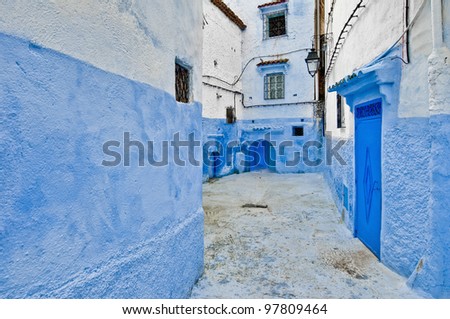 Blue shaded city streets of Chefchaouen, Morocco