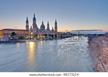 Our Lady of the Pillar Basilica as seen from the north shore of Ebro River at Zaragoza, Spain