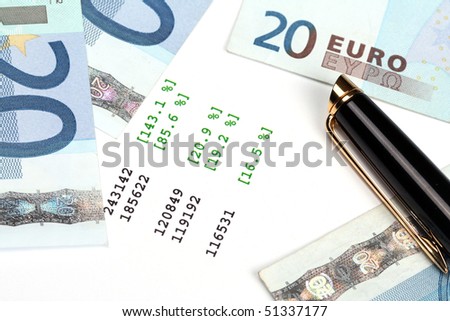 Financial risk. Pen and European Union  Currency on the document with quotes.