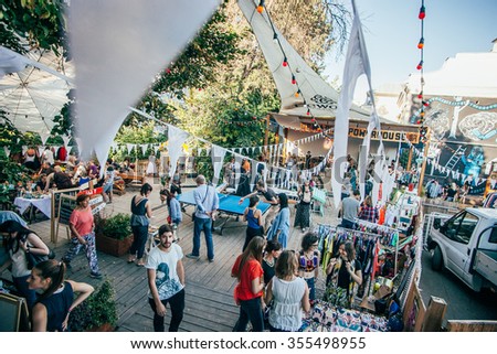 MOSCOW - 22 AUGUST, 2015 : Popular hipster event called design market Le Picnic took place at Dewars Powerhouse and gathered young designers and artists from Russia