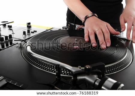 Girl DJ playing hip-hop music on turntables