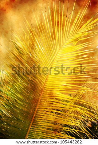 palm tree leaf - vintage stylized tropic floral picture with patina texture