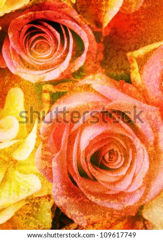 pink roses - vintage stylized floral picture with patina texture