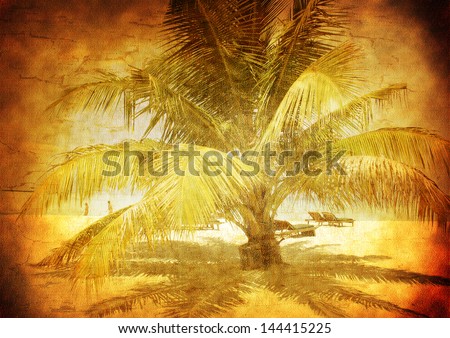 Palm tree on a sandy beach - Maldive Islands - Vintage styled picture with patina texture