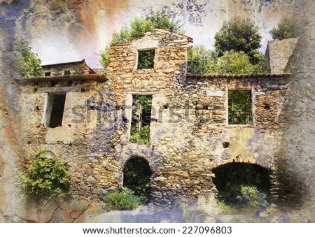 ruined house - Gairo Vechio, Sardinia, Italy - vintage styled Picture with patina texture