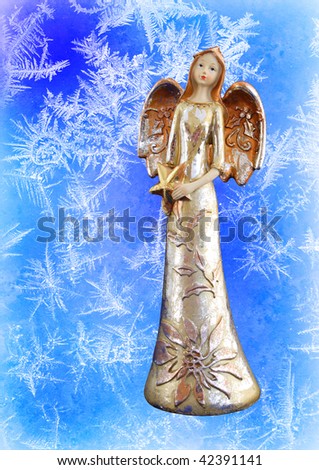 angel with star on the snowflake background - Christmas card