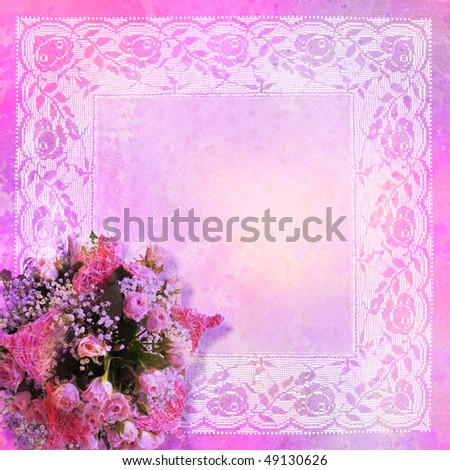 vintage styled lace frame with bouquet of roses - background for your text