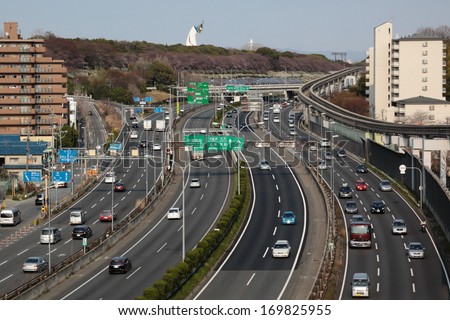 SUITA, JAPAN - APRIL 3: Chugoku Expressway, one of the busiest highways in Japan on April 3, 2011 in Suita. It connects Kansai and Chugoku including major cities of Hiroshima, Kobe, and Osaka.