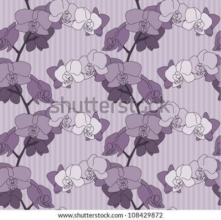 Purple Orchid flower stem seamless Background with stripes. Vector Version.