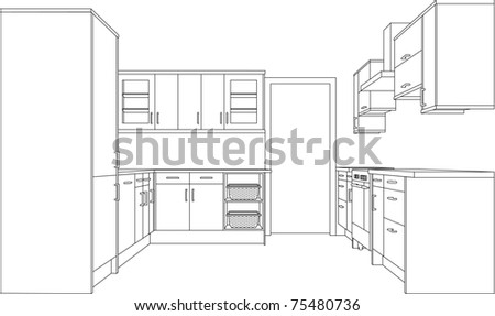 A 3d Single Point Perspective Line Drawing Of A Fitted Kitchen