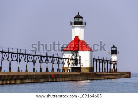 Lighthouses on the breakwater at St. Joseph, Michigan, Lake Michigan