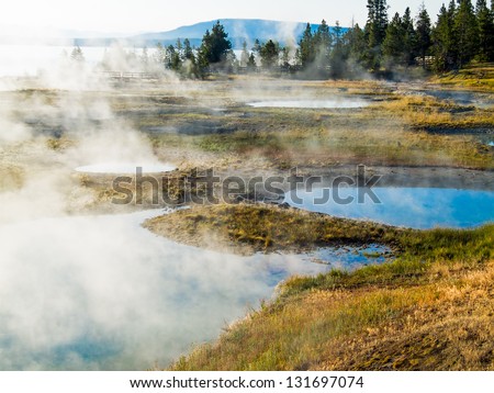 Many pools of super hot water are found in the West Thumb Geyser Basin next to Yellowstone Lake near Grant Village in Yellowstone National Park, Wyoming.