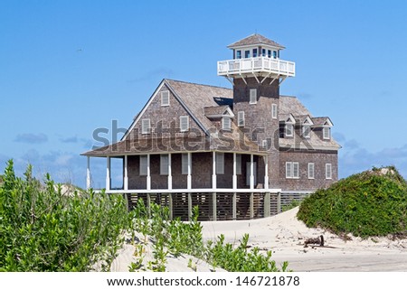 The restored Oregon Inlet Life Saving Station stands on the North Carolina Outer Banks coast at Pea Island National Wildlife Refuge (Bodie Island) in Cape Hatteras National Seashore.