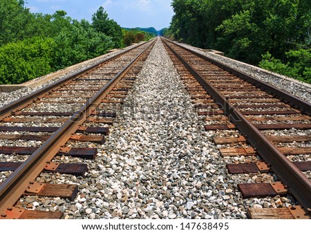 Two Sets Of Railroad Tracks Run Straight And Parallel To A Vanishing Point On The Horizon With Green Trees Along Side.