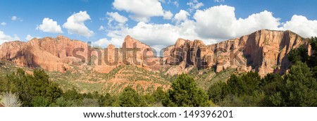 Panoramic view in the Kolob Canyons District of Utah\'s Zion National Park including Timber Top Mountain, Horse Ranch Mountain, Pariah Point, Beatty Point, and Nagunt Mesa.