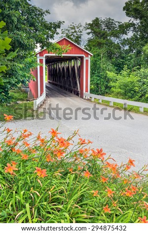Orange roadside lilies bloom near a red covered bridge in rural Franklin County, Indiana. Enochsburg Stock-heughter Covered Bridge.