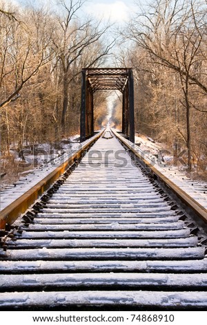 Railroad tracks leading to a trestle and everything covered in a layer of thick ice