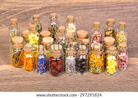 Bottles with herbs used in non- traditional medicine.