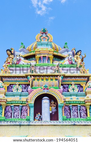 MAURITIUS-JANUARY 04: Architecture details of traditional Hindu temple on January 04, 2014 in Mauritius island. Hinduism is a major religion in Mauritius, representing 49% of the total population