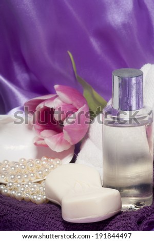 products for body care on fabric background