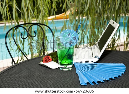 Iced drinks and notebook Placed on board a private pool.