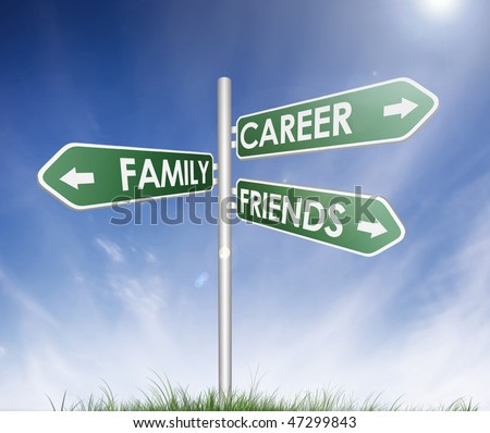 Green direction with choise way of career, friends and family