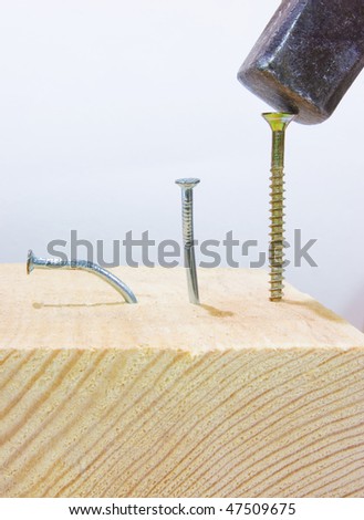 wrong actions. Fail. Nails and screw on a wooden board with blank background