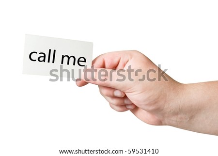 Call me. White paper card in human hand  with path