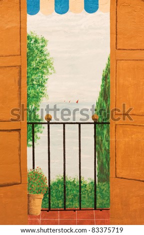 Drawing of the sea and a balcony door on the wall