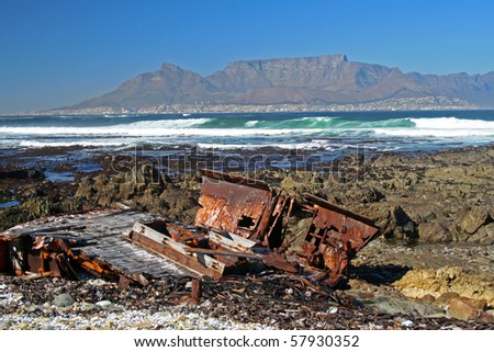 Cape Town City , South Africa, view with shipwreck from Robben Island