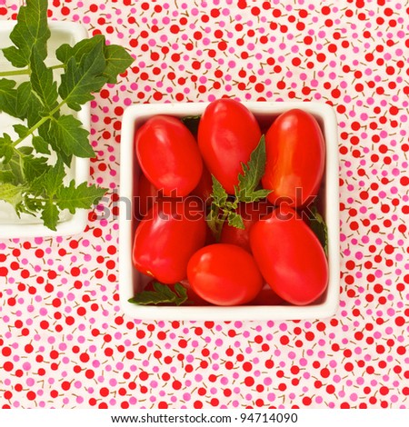Cherry tomatoes on bright summer fabric. A fresh new approach