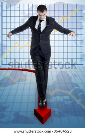 businessman walking in balance on an arrow with budgetary statistics in the background