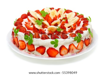 stock photo Beautiful decorated fruit cake strawberrybanana paradise