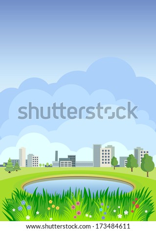 Background with the image of the landscape: the nature of the city, and clouds, water, lake, coast.