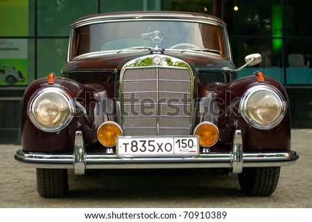 stock photo MOSCOW MAY 15 vintage Mercedes on exhibition at Mercedes 