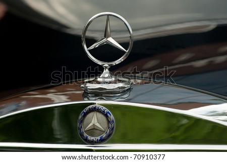 stock photo MOSCOW MAY 15 MercedesBenz emblem logo on exhibition at